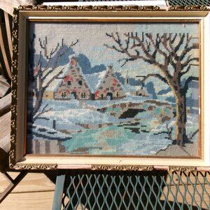 vtg shabby chic frame with winter handcrafted needlepoint trees snow and cabins